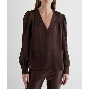 Express Women's Satin Top Size XS Brown Striped V-Neck Cuff Sleeve NWT $58